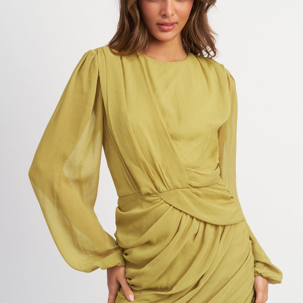 Emory Park Yellow Bodycon Dress with Long Bishop Sleeves and Ruched Design